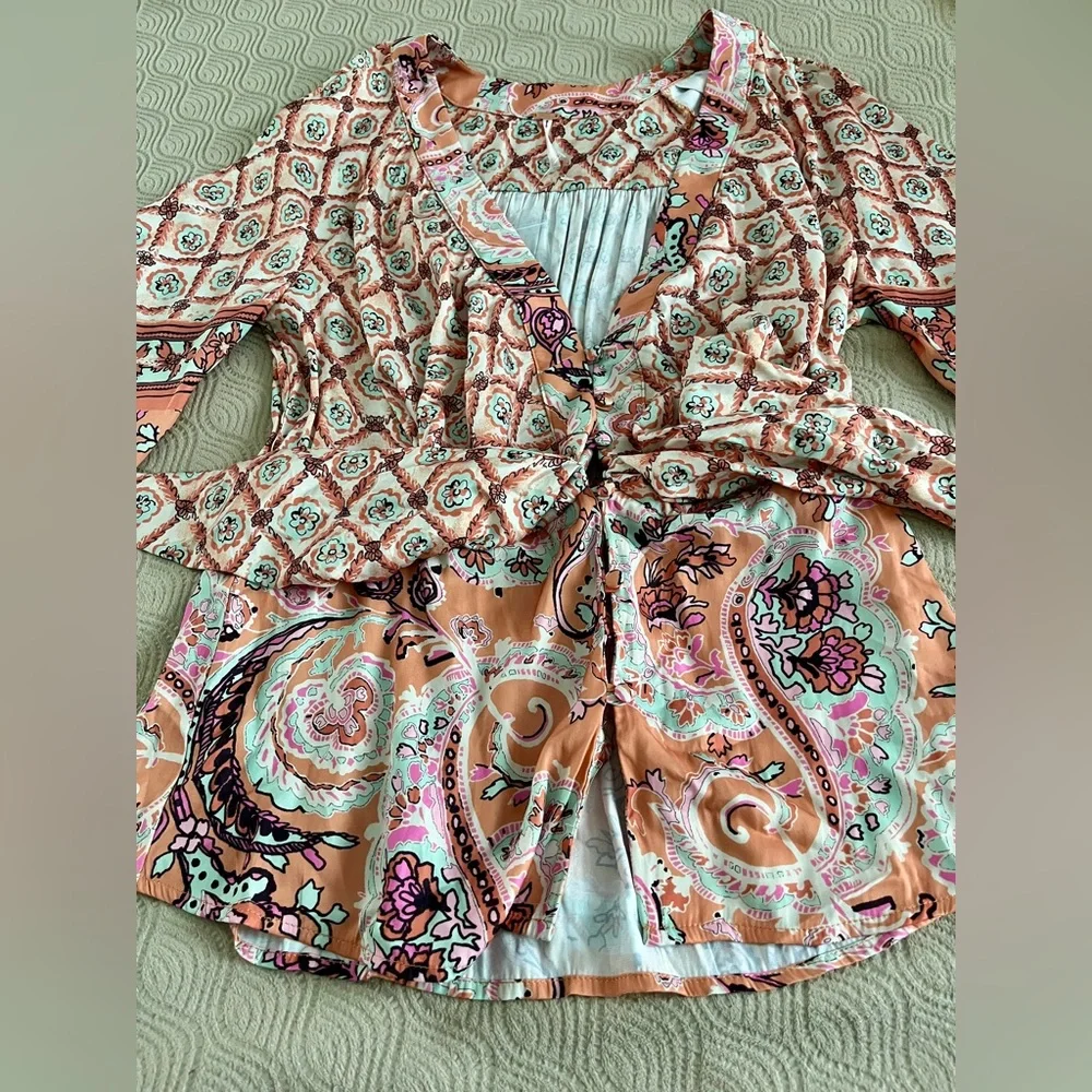 Free People Peach Paisley Tie-Front Blouse - Picture 11 of 11